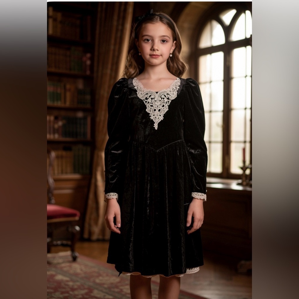 Vintage Black Velvet Kids Dress with White Lace